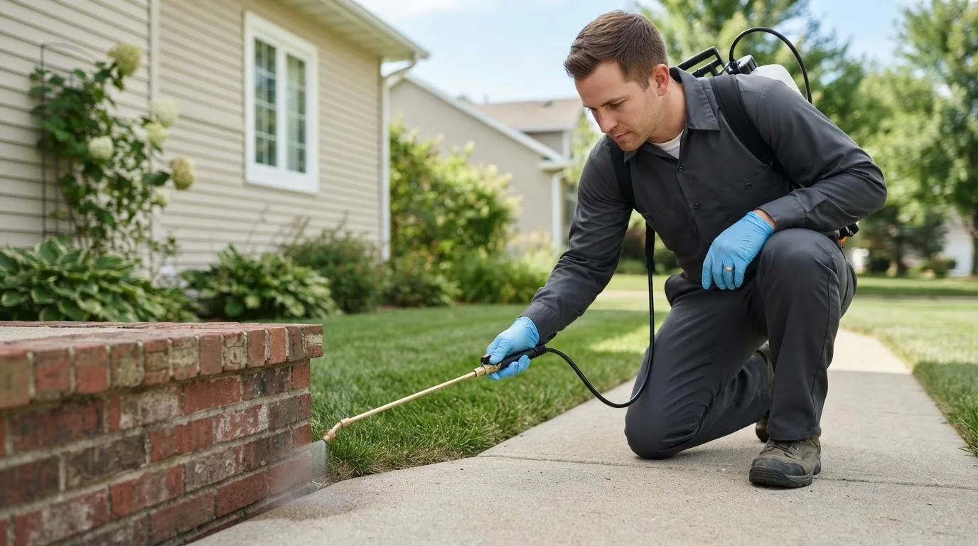 Pest control technician treating a home near Liberty Center, IN