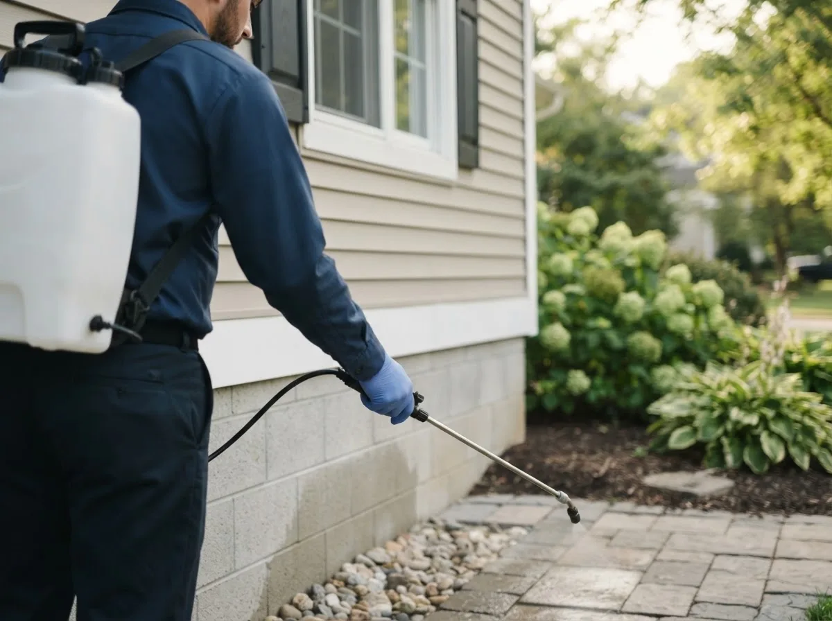 Pest control technician inspecting a home in Liberty Center, IN